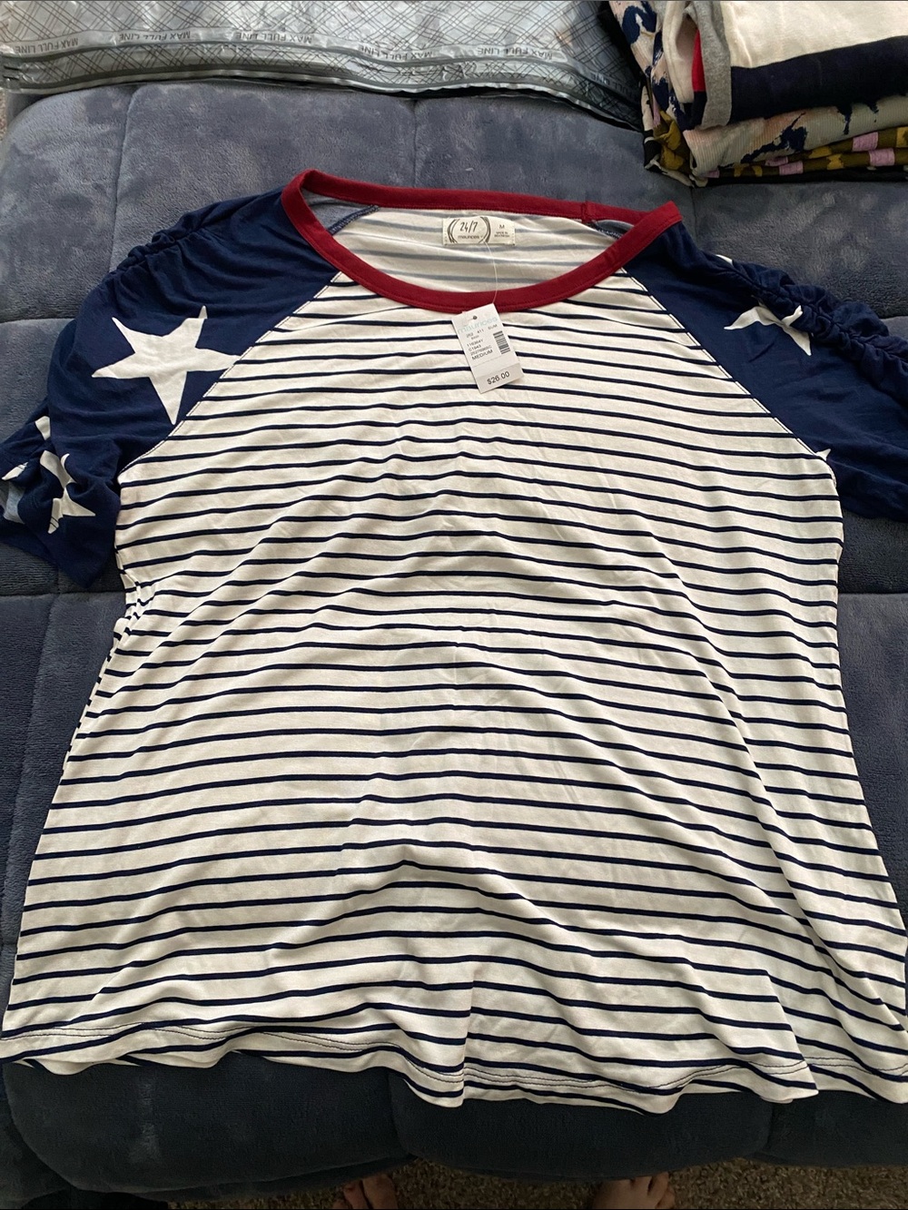 Women's Striped Raglan Tee with Star Sleeves - Navy, White & Red Trim